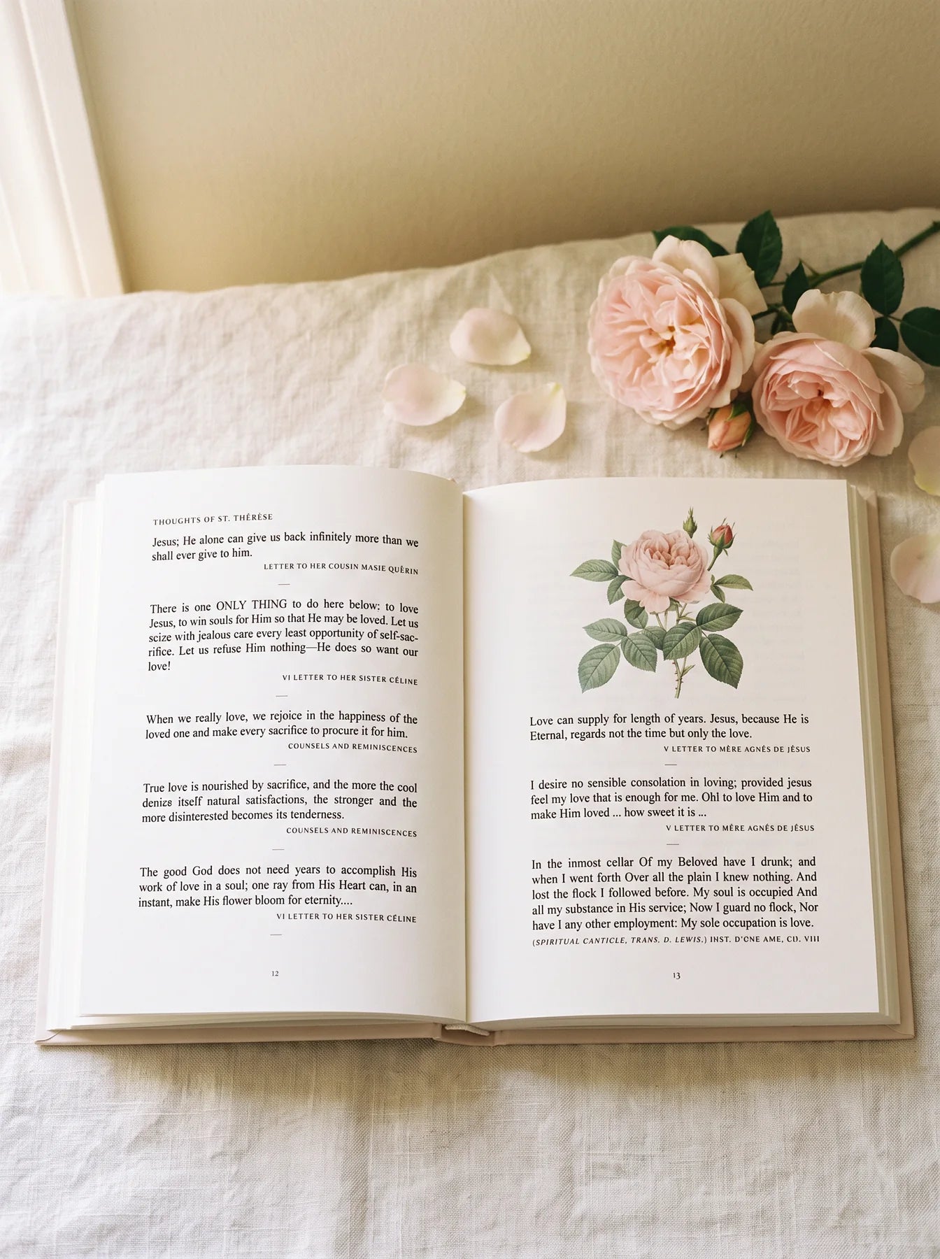 Thoughts of St. Thérèse open on linen, with pale roses
