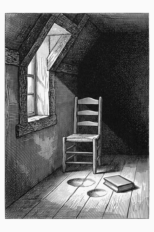 Wood engraving frontispiece of a bare room before dawn